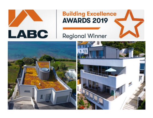 Original project montage featuring the LABC Building Excellence Awards 2019 Regional Winner banner and green-roof homes