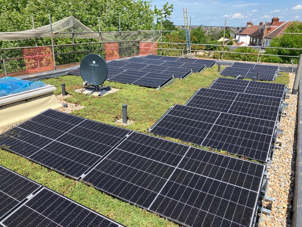 Solar panels integrated with sedum roof planting