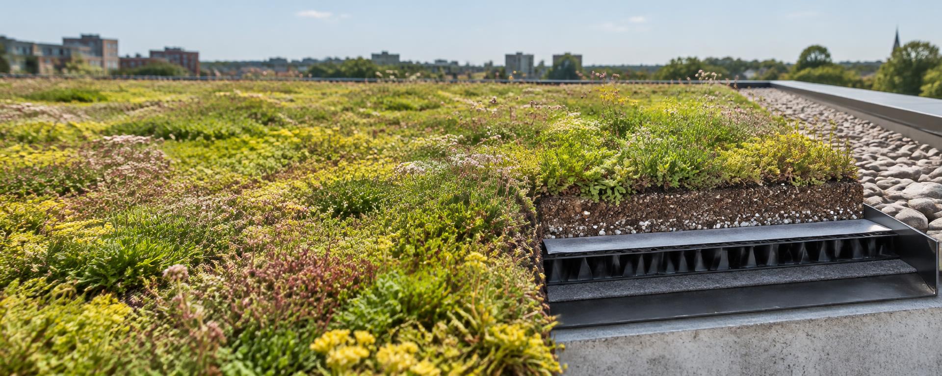 Illustration of a sedum roof showing substrate, filter, drainage and protective layers